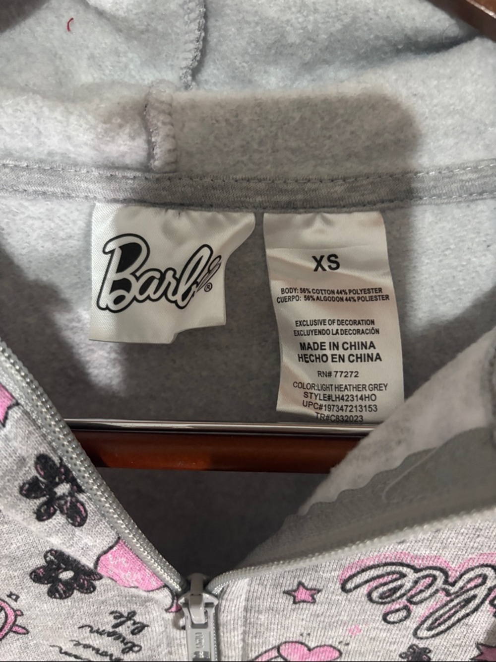 Barbie Gray Zip-Up Hoodie with Pink Drawstrings and All-Over Logo Print - Picture 2 of 5